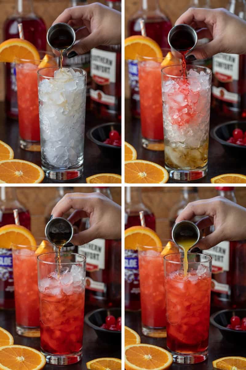 Alabama Slammer is an alcoholic beverage made with Southern Comfort, sloe gin, amaretto, and orange juice, shaken and poured over a glass of crushed ice. Top off the drink with orange slices and maraschino cherries for garnish. It is a refreshing cocktail that can also be served as a shot! Steps for Making an Alabama Slammer with Adding Different Liquors to Glass Filled with Ice.