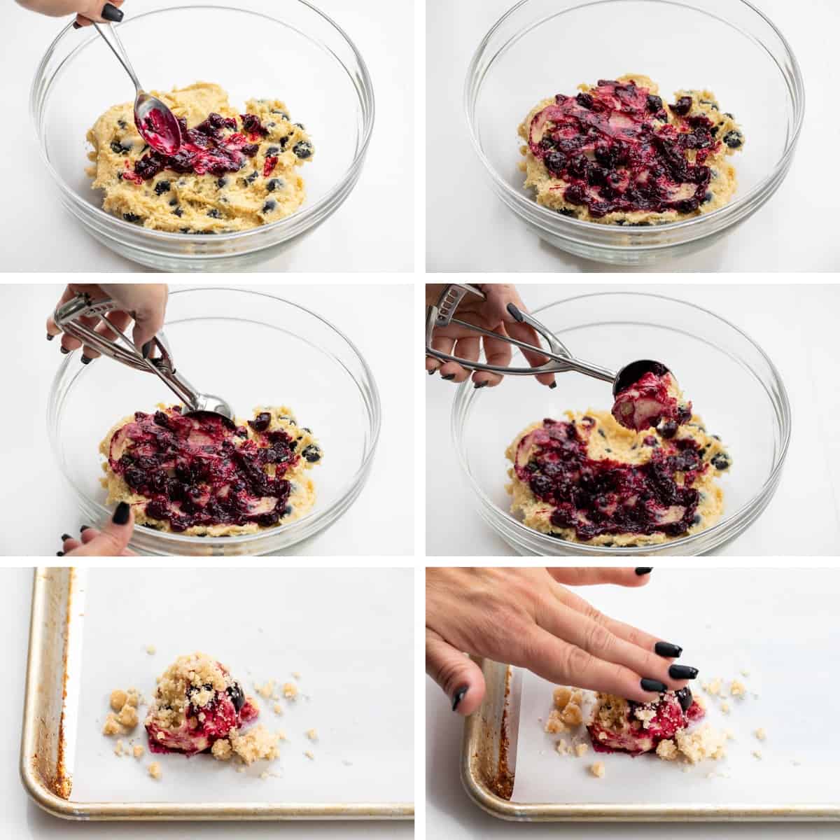 Blueberry Crumble Cake Cookies are soft, cake-like cookies with blueberry filling swirled inside and topped with a crumble topping. They are a delightful treat that combines the tenderness of a muffin or cake with the irresistible texture of a crumbly topping. They are truly a heavenly delight for blueberry lovers. Steps for Making Blueberry Crumble Cake Cookies with Dough and Blueberry Sauce.