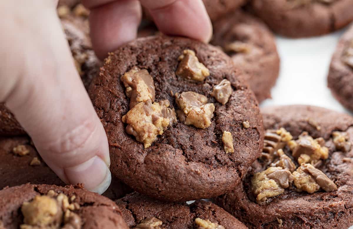 Chocolate Reese's Cake Mix Cookies are cookies made with chocolate cake mix and topped with chopped mini Reese's peanut butter cups. I love from-scratch cookies (there are hundreds on my website!) but also love the convenience of grabbing a cake mix! Hand Picking up a Reese's Cake Mix Cookies.
