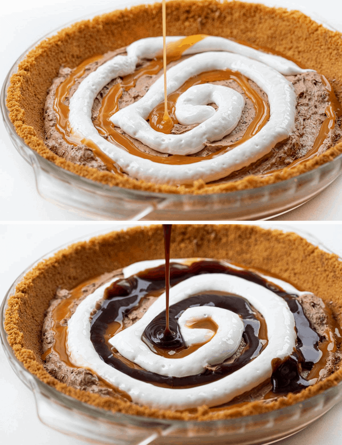 Chocolate Caramel Cheesecake Pie is a no-bake dessert with a homemade graham cracker crust filled with layers of chocolate cheesecake, marshmallow, fudge, and caramel. Phish Food, Phish Food Pie, Chocolate Marshmallow Caramel Pie, No Bake Pie, Dessert, Chocolate Pie, recipes, i am baker, iambaker Adding Caramel and then Hot Fudge to Chocolate Caramel Cheesecake Pie Crust